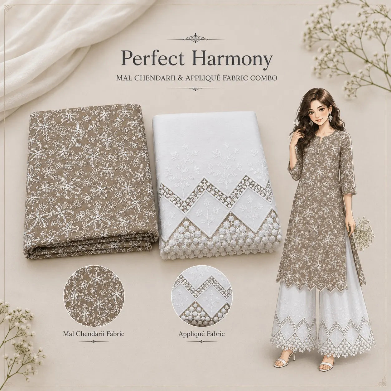 Taupe Mal Chanderi fabric with white floral embroidery and white cotton applique fabric combo, premium dress material for kurti, palazzo, salwar suit, ethnic wear, festive outfits and designer clothing.