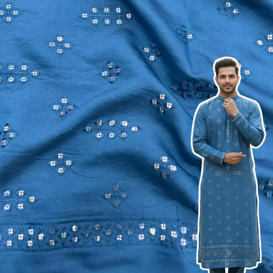 Teal Roman Silk Fabric with Mirror Work for Men’s Kurta Design.