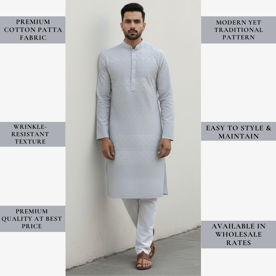 Traditional cotton patta fabric for men grey color with geometric woven design