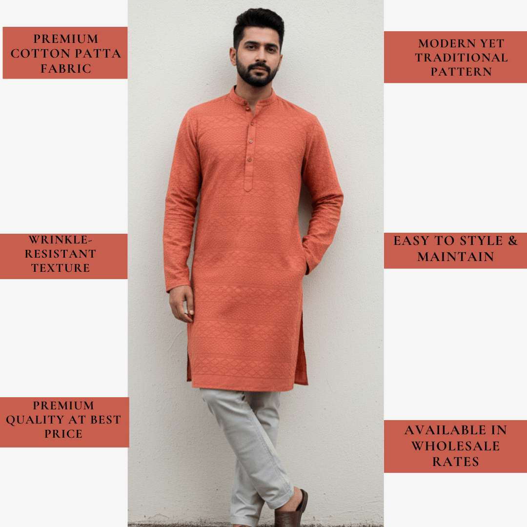 Traditional cotton patta fabric for men rust color with geometric woven design