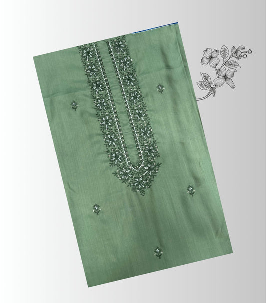 Unstitched pista green kurta pajama fabric set for men with thread embroidery and designer neckline.