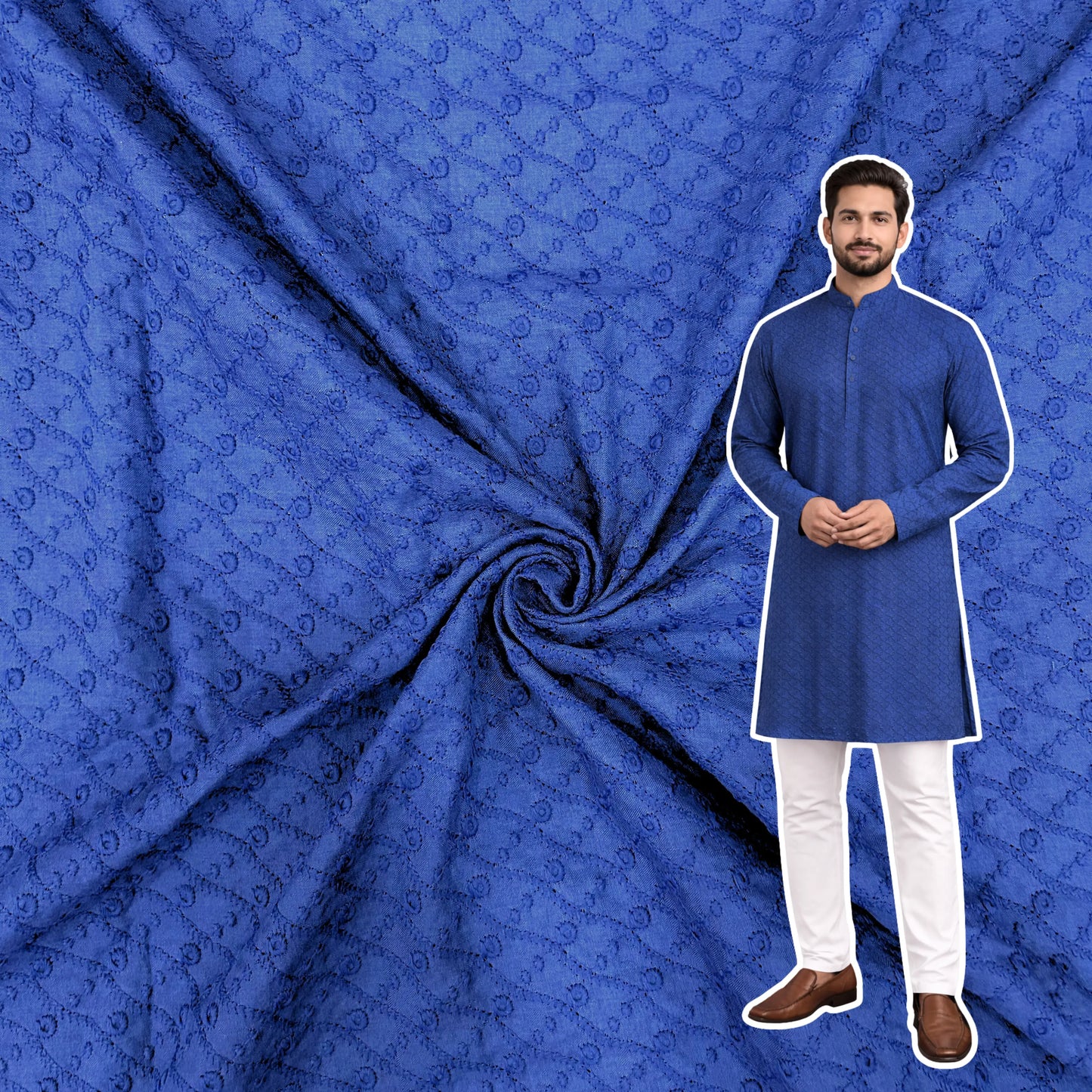Cotton Men’s Kurta Fabric – Pagdi Design Embroidery (58” Width, Pastel   Blue )