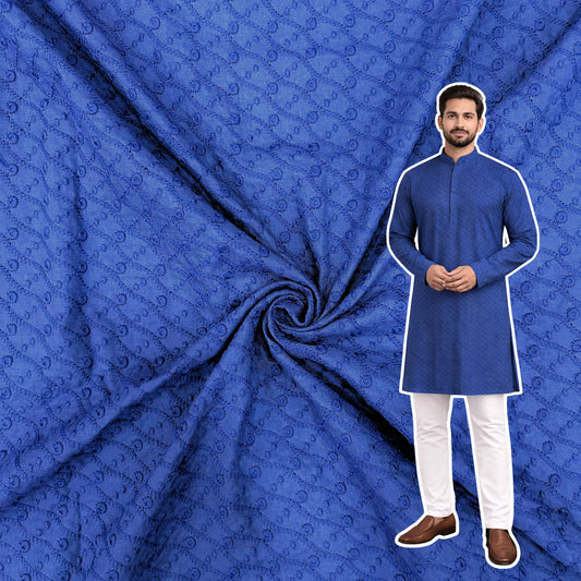 Cotton Men’s Kurta Fabric – Pagdi Design Embroidery (58” Width, Pastel   Blue )