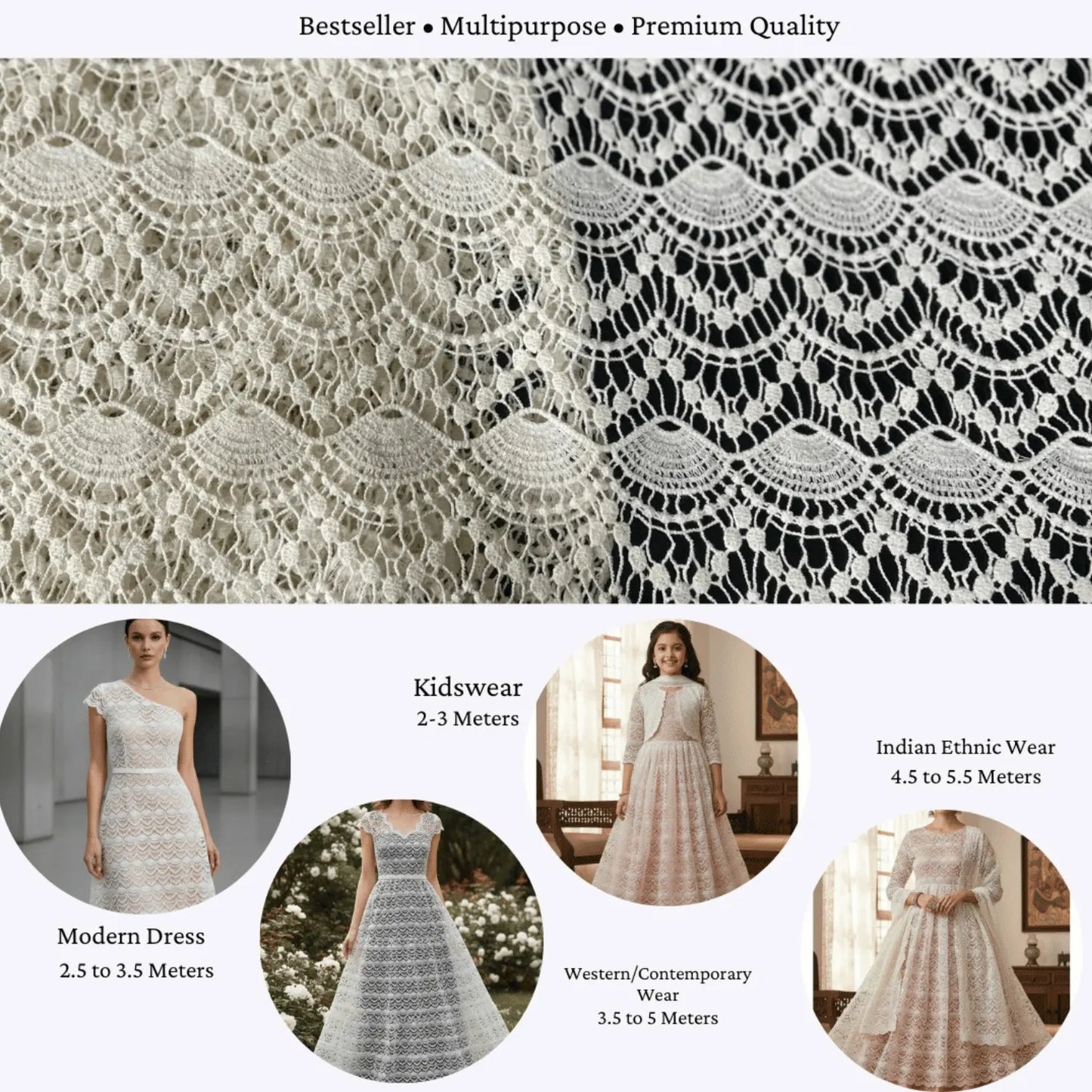 Premium white GPO chemical lace fabric with elegant scalloped floral crochet pattern, showcasing applications for modern dresses, kidswear, western wear and Indian ethnic wear. Soft, lightweight, export-quality dyeable lace fabric. Width: 44 inches.