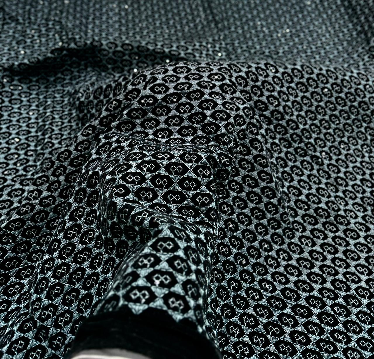 Designer metallic blue velvet material with small pattern for kurta and party wear.