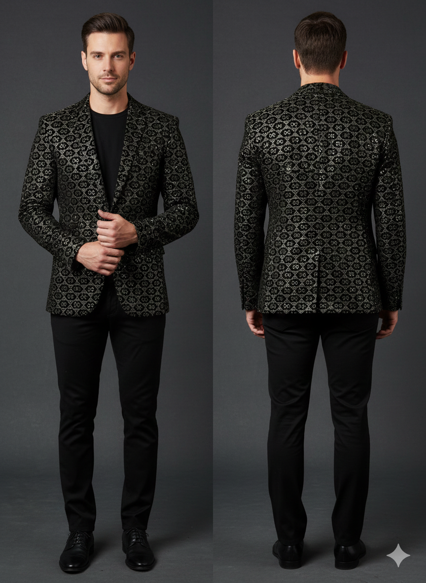 High-quality geometric velvet material in black and metallic olive for designer menswear, blazer and Jodhpuri suit stitching.