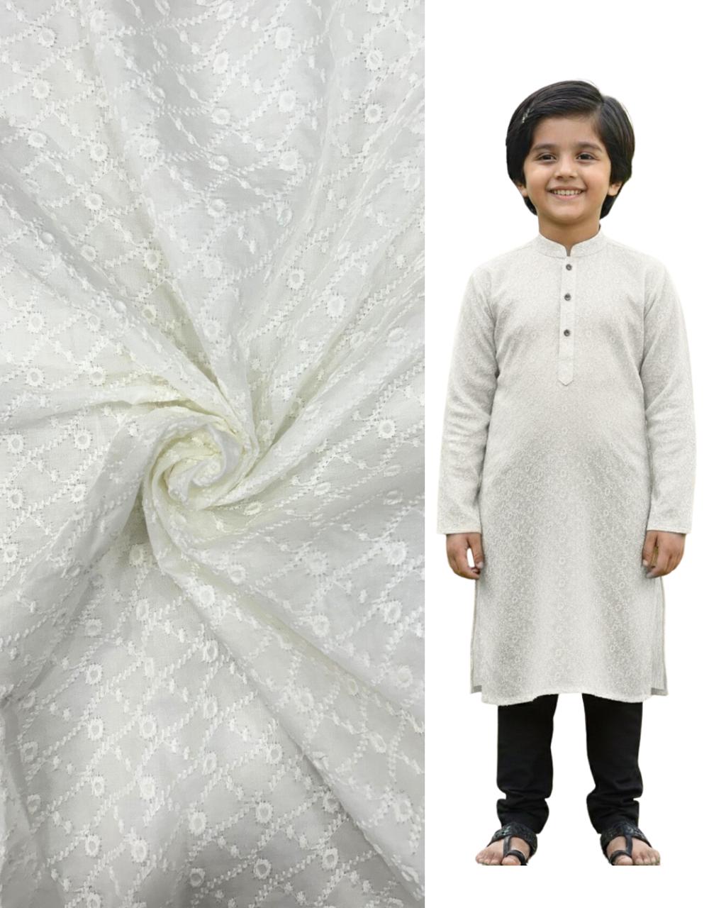 White embroidered kids kurta with matching subtle patterned fabric — premium boys ethnic wear, perfect for Eid special outfits, weddings, and festive celebrations.