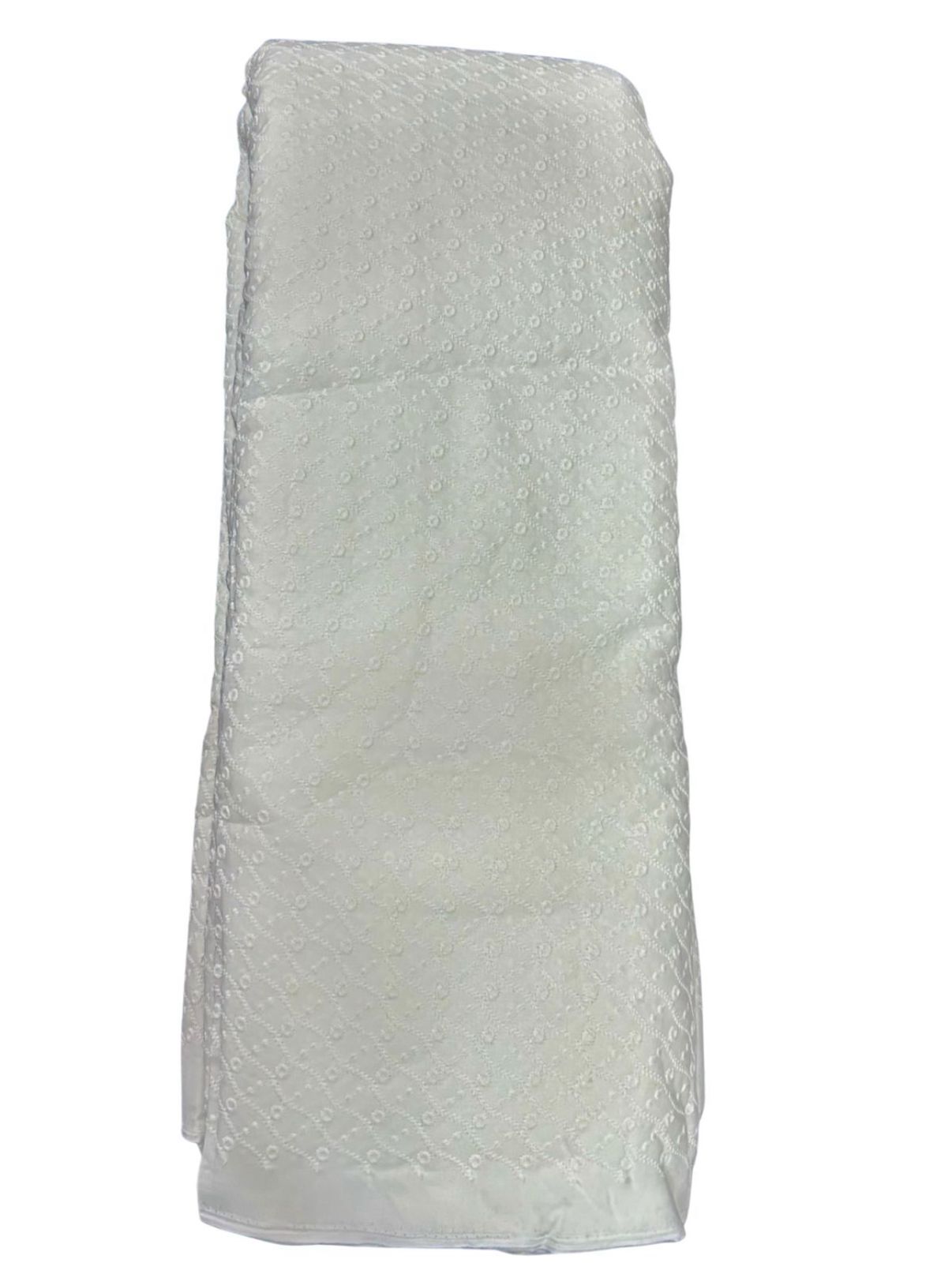 Designer white textured embroidery fabric shown with child wearing matching kurta — ideal for Eid special dressing, party wear, and traditional events.