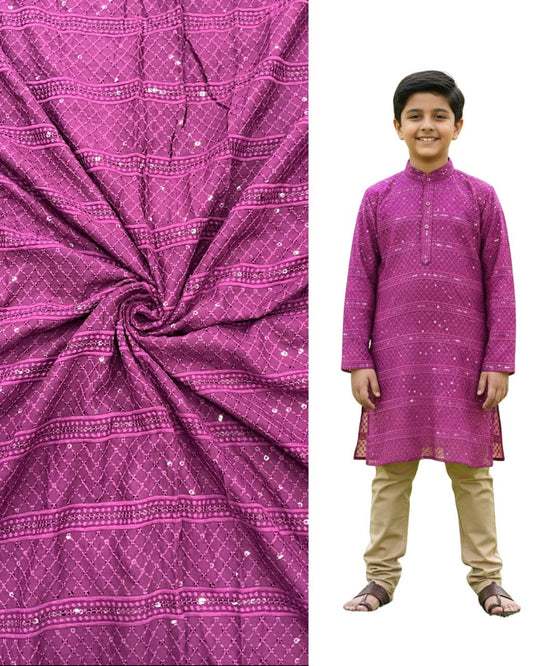 Purple embroidered kids kurta with matching geometric patterned fabric — premium ethnic wear for boys, ideal for weddings, festivals, and special events.