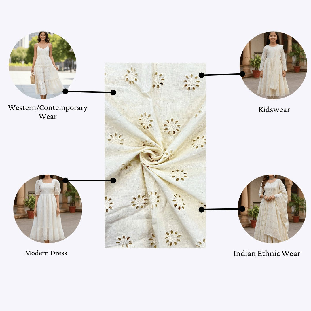 Hakoba cotton fabric stitched into modern dress, ethnic kurta set, and kidswear with fabric meter guide.
