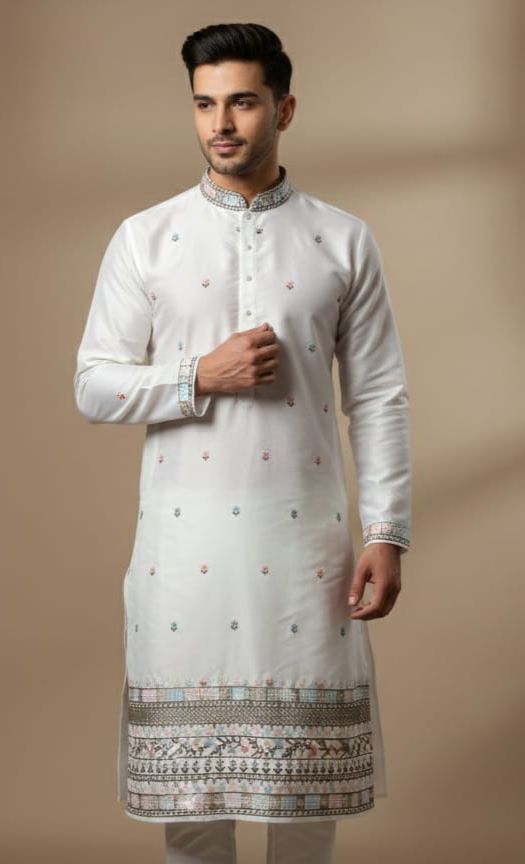 Wedding wear embroidered kurta fabric for men crafted in ivory malai satin with classic daman border work