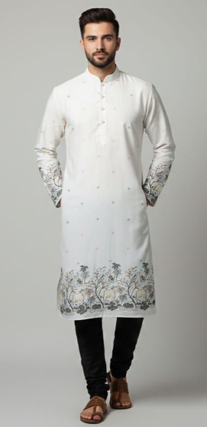 Wedding wear kurta fabric for men crafted in ivory malai satin with artistic cow and bird embroidery and daman border work