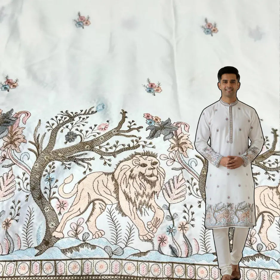 Traditional wedding wear malai satin kurta fabric for men showcasing elegant lion border embroidery on ivory base