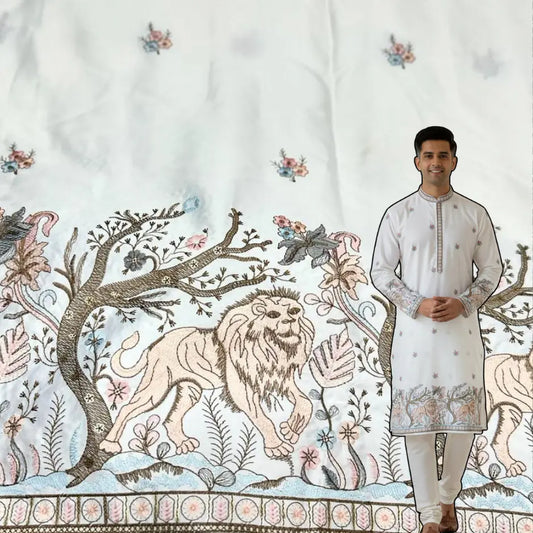Traditional wedding wear malai satin kurta fabric for men showcasing elegant lion border embroidery on ivory base