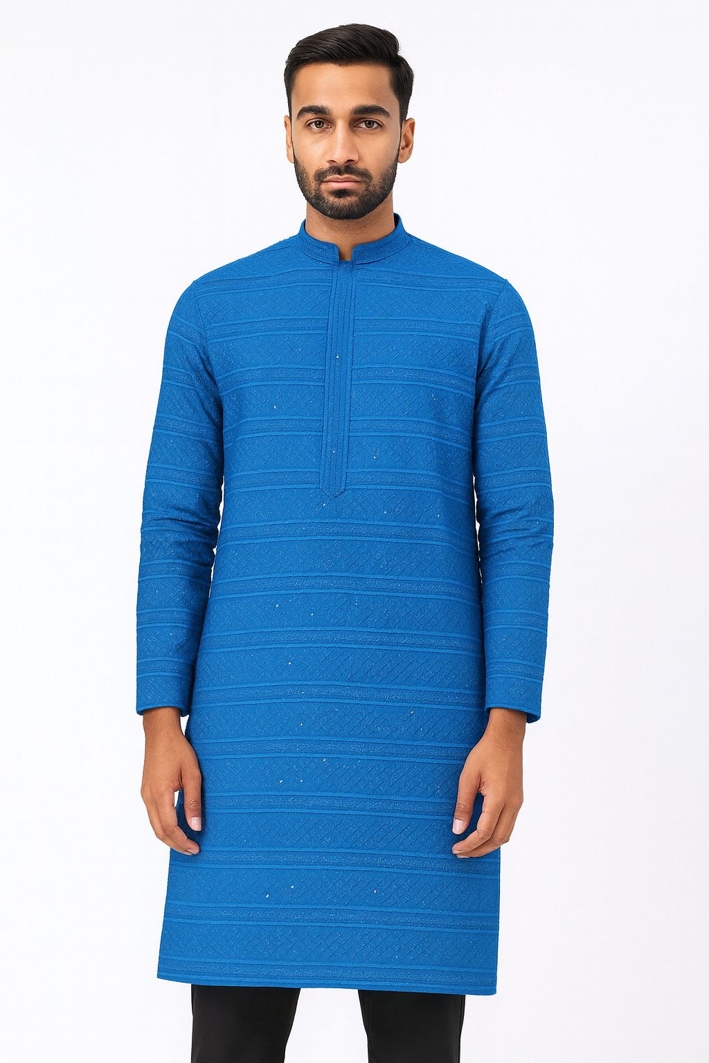 Premium royal blue rayon viscose sequin and embroidery fabric for men’s traditional and festive kurta wear

