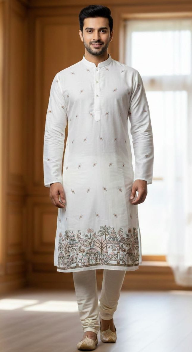 Wedding wear kurta fabric for men crafted in malai satin with refined ivory base and artistic peacock embroidery