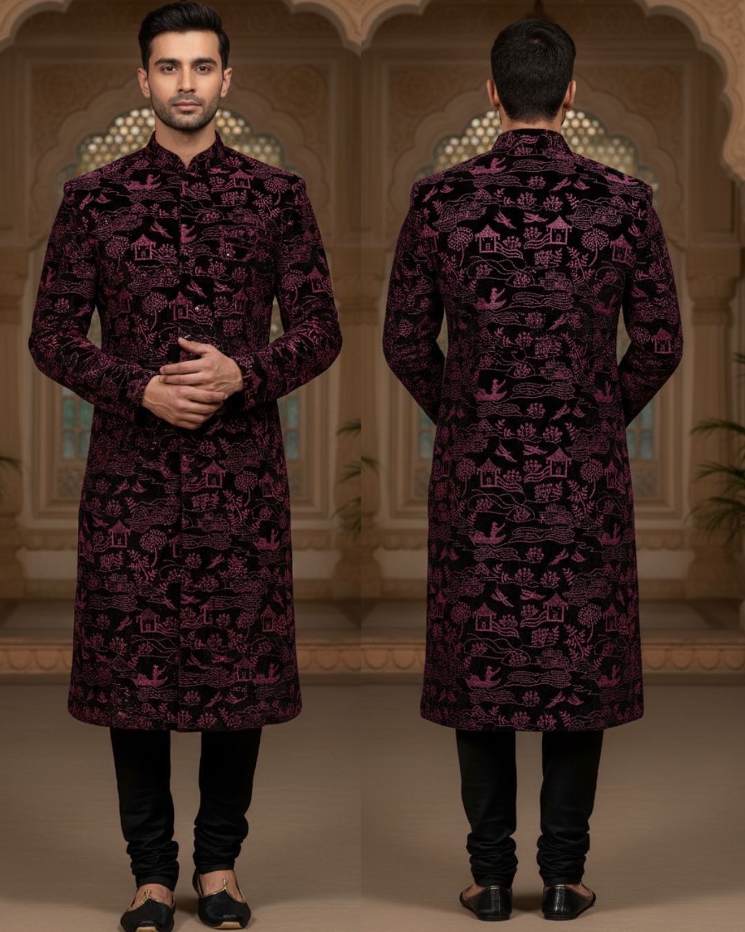 Heavy Embroidered Velvet in Dark Pink – High-Quality Fabric for Festive & Wedding Wear.