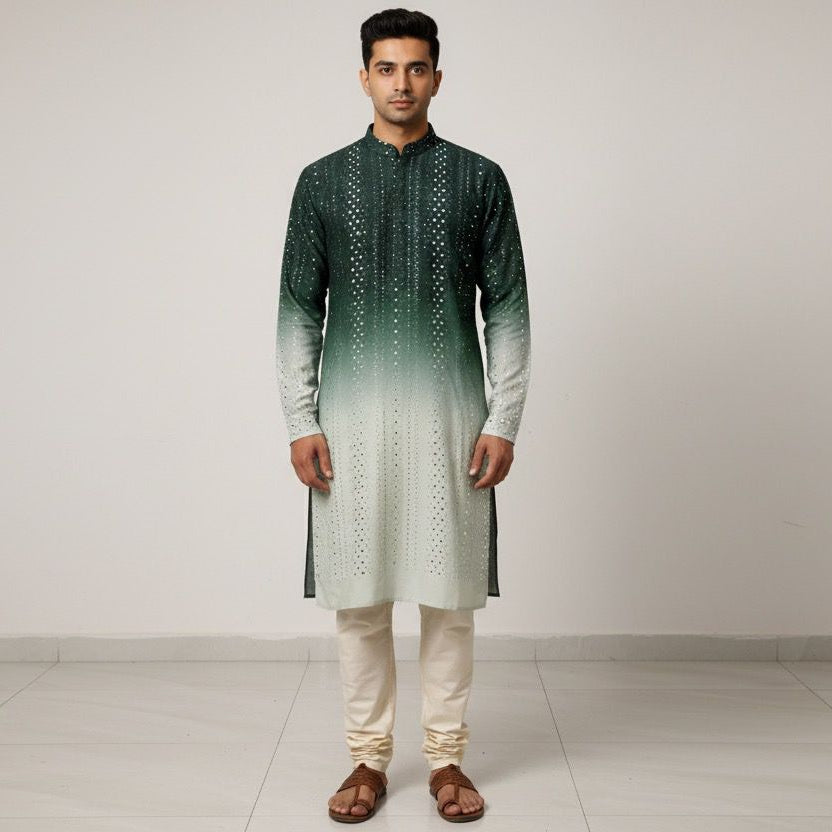 Luxury wedding special material. Green ombre textile pieces (Front, Back, Sleeves) with sequin work.