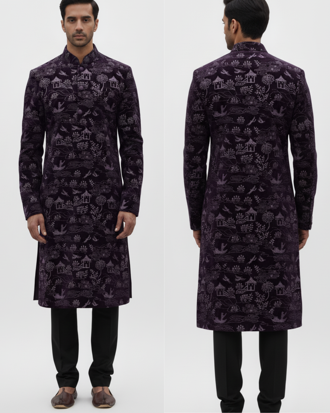 Dark purple velvet fabric with intricate embroidered houses, trees, and nature motifs.