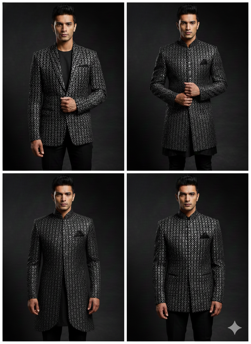 High-quality geometric velvet material in black and metallic grey for designer menswear, blazer and Jodhpuri suit stitching.