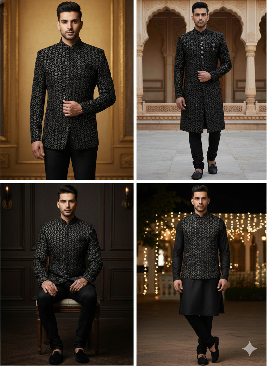 Close-up of designer black velvet fabric featuring metallic olive motifs for men’s coat suit and Indo-western outfits.
