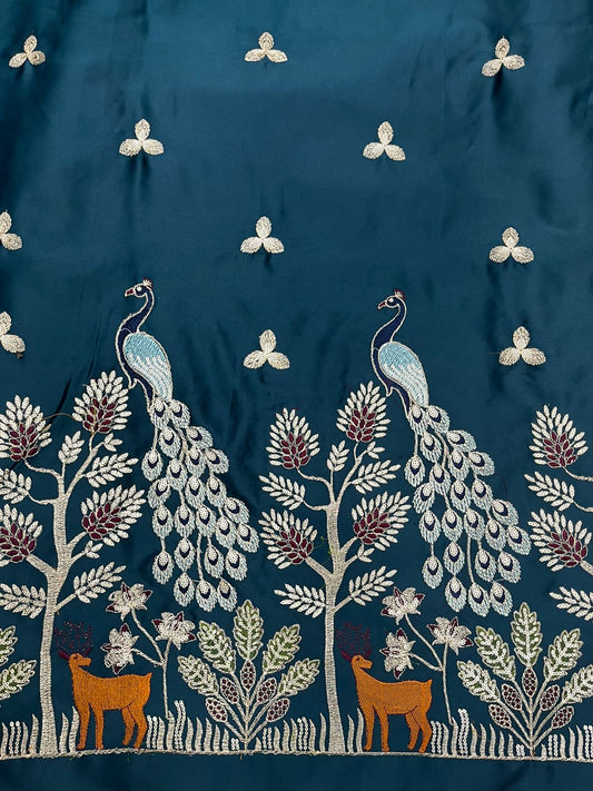 Premium Malai Satin Men’s Kurta Fabric | Heavy Peacock Daman Embroidery | 55" Width | Wedding & Festive Wear | Soft & Smooth Finish | Designer Ethnic Fabric