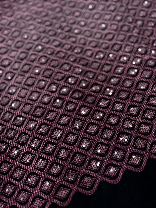 Luxury Black Velvet Fabric with Metallic Rose Pink (Wine) Embroidery & Sequins | Heavy Designer Fabric for Sherwani, Waistcoat & Gowns