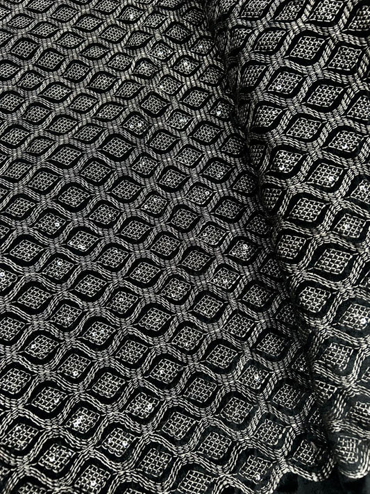 Premium Grey Designer Velvet Fabric | Heavy Thread Embroidery & Sequins | Luxury Material for Sherwani, Waistcoat, Indo-Western, Kurtis & Gowns