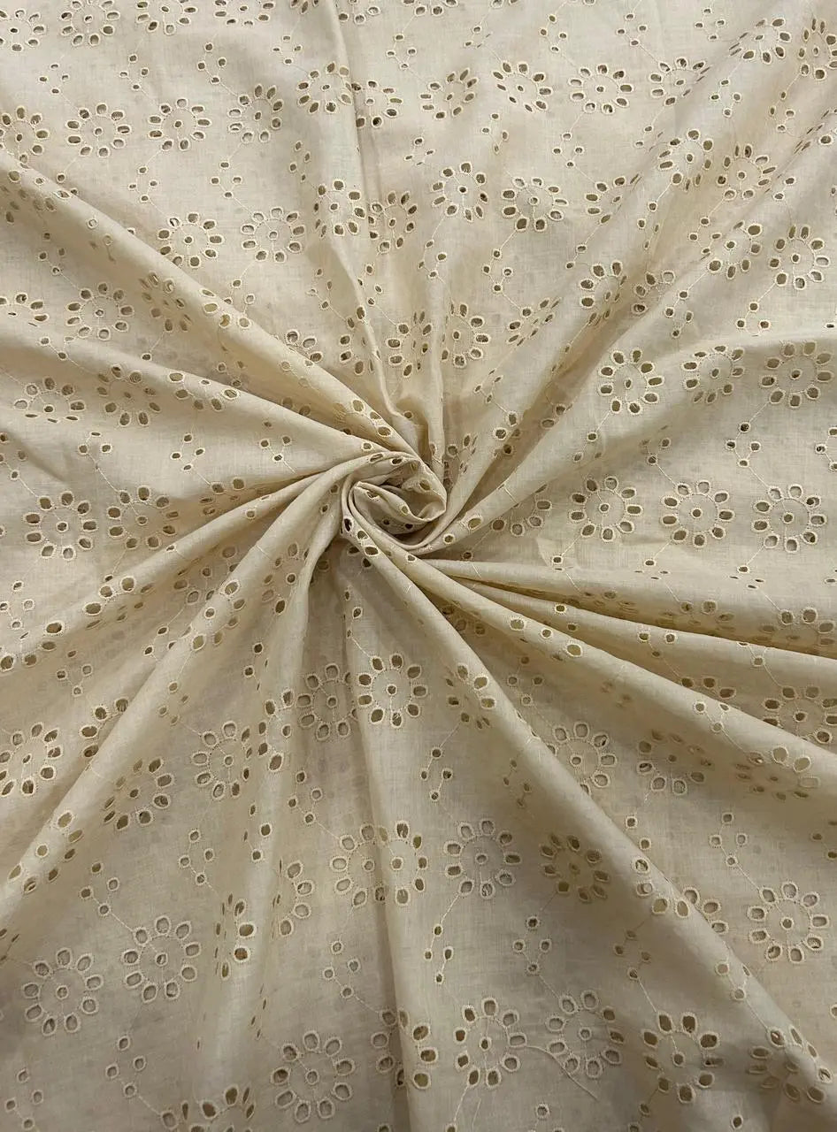 Beige Premium Pure Cotton Hakoba Fabric with Floral Schiffli Embroidery for Kurti, Dress & Blouse