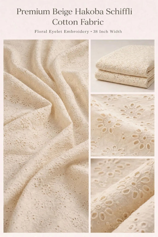 Premium Beige Hakoba Schiffli Cotton Fabric – Floral Eyelet Embroidery Cotton Fabric for Kurti, Dress, Blouse & Western Wear – 44 Inch Wide