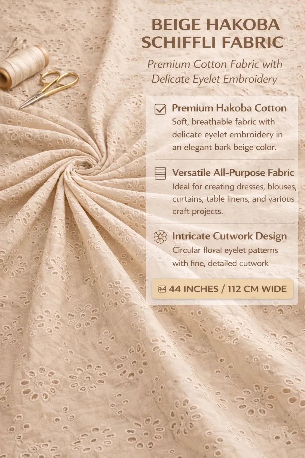 Beige Premium Pure Cotton Hakoba Fabric with Floral Schiffli Embroidery for Kurti, Dress & Blouse