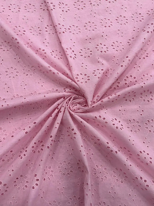 Pink Hakoba Schiffli Cotton Fabric – Floral Eyelet Embroidery Cotton Fabric for Kurti, Dress, Blouse & Kids Wear – 44 Inch Wide Premium Cotton Dress Material