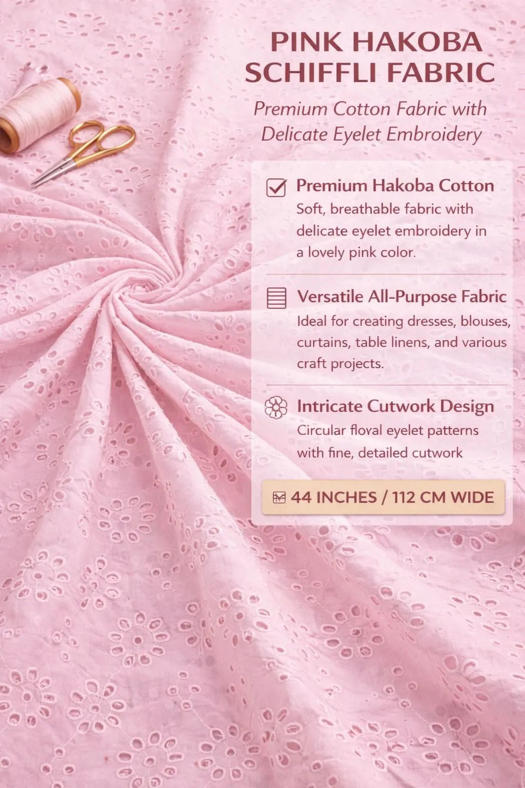 Pink Premium Pure Cotton Hakoba Fabric with Floral Schiffli Eyelet Embroidery for Kurti, Dress, Blouse & Kids Wear
