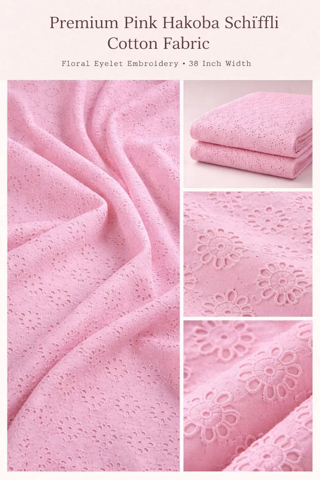 Pink Premium Pure Cotton Hakoba Fabric with Floral Schiffli Eyelet Embroidery for Kurti, Dress, Blouse & Kids Wear