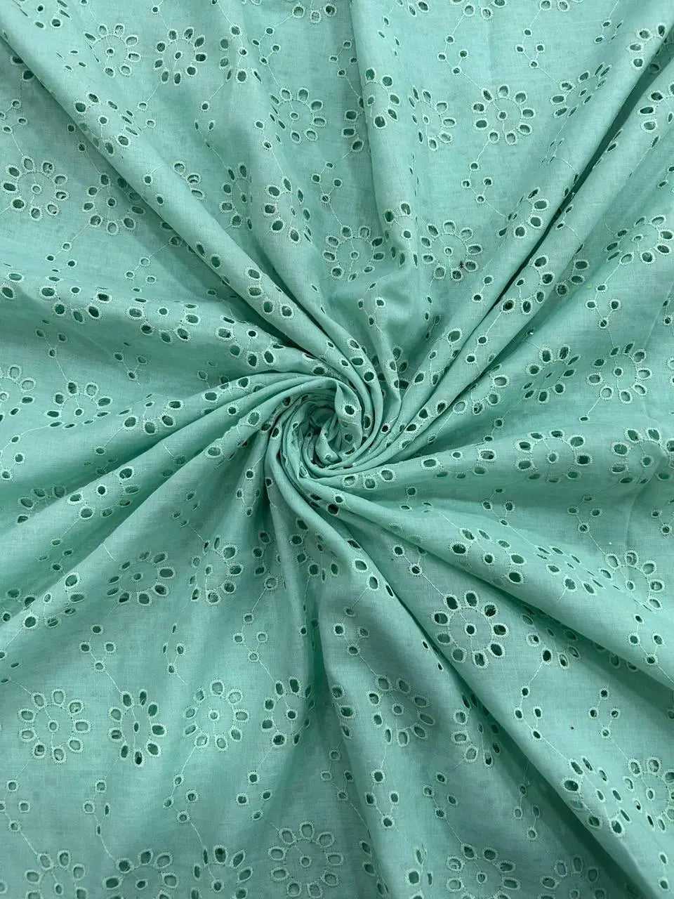 Sea Green Premium Soft Pure Cotton Hakoba Fabric with Floral Schiffli Eyelet Embroidery for Kurti, Dress, Blouse & Kids Wear