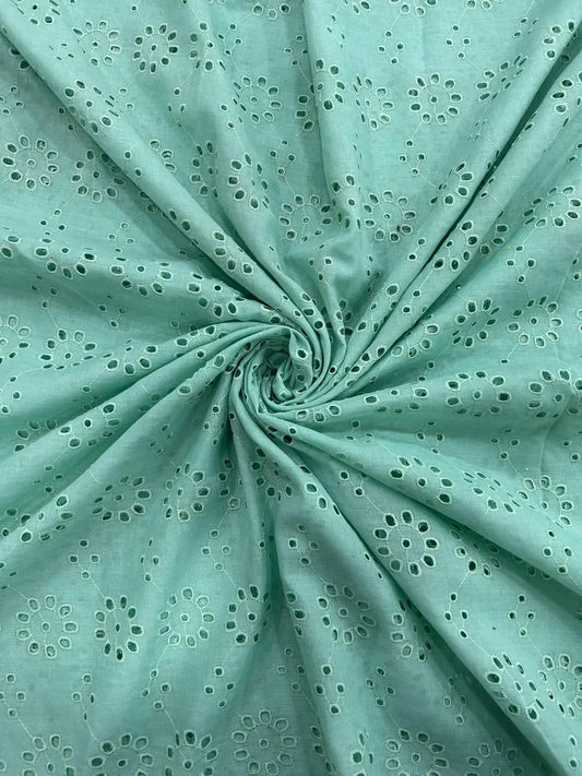 Premium Sea Green Hakoba Schiffli Cotton Fabric – Floral Eyelet Embroidery Cotton Fabric for Kurti, Dress, Blouse & Kids Wear – 44 Inch Wide Soft Breathable Cotton