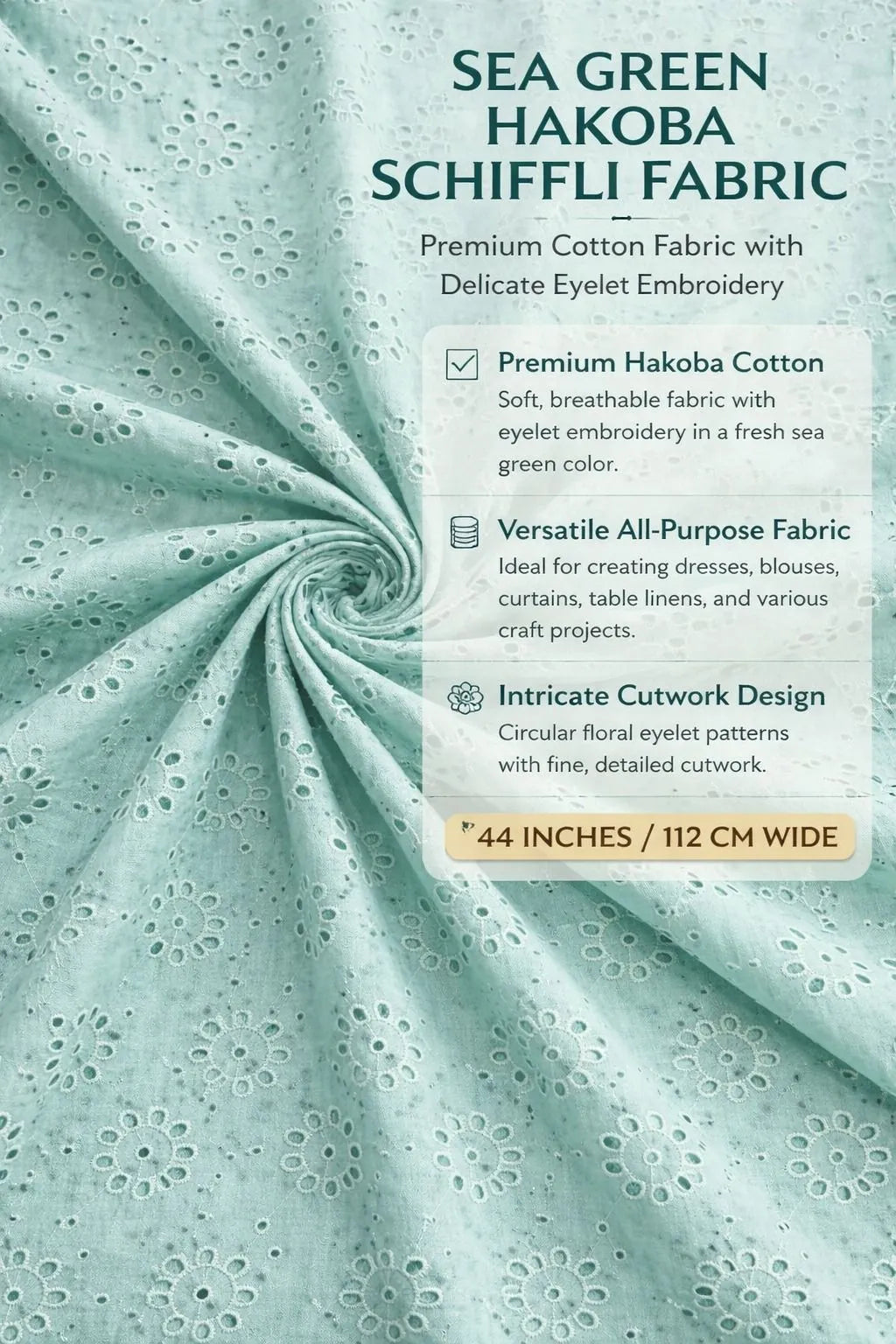 Sea Green Premium Soft Pure Cotton Hakoba Fabric with Floral Schiffli Eyelet Embroidery for Kurti, Dress, Blouse & Kids Wear