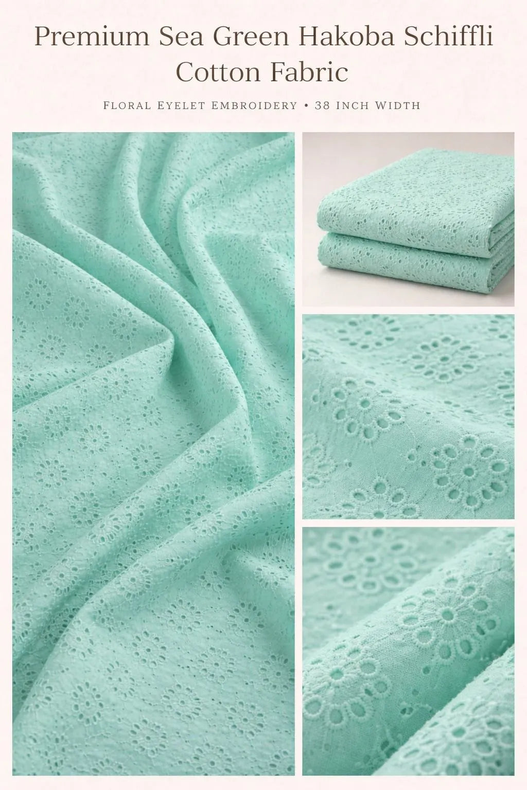 Sea Green Premium Soft Pure Cotton Hakoba Fabric with Floral Schiffli Eyelet Embroidery for Kurti, Dress, Blouse & Kids Wear