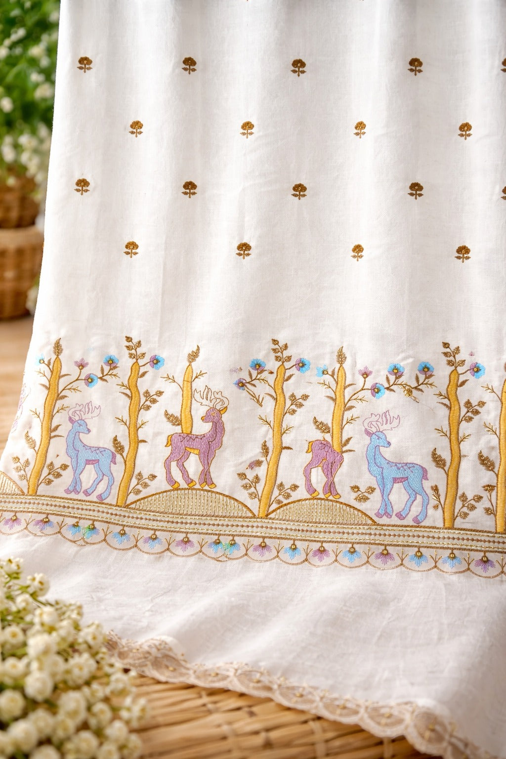 Premium Cotton Cambric Fabric with Hand Embroidery & Sequins | 44 Inch Width | Designer Daman Border for Kurti, Plazo & Cord Sets