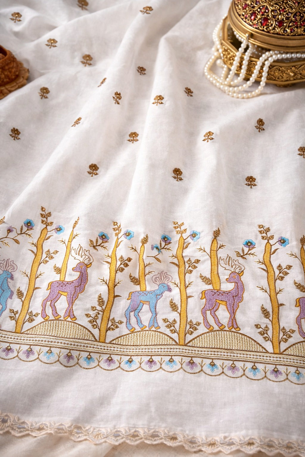 Premium Cotton Cambric Fabric with Hand Embroidery & Sequins | 44 Inch Width | Designer Daman Border for Kurti, Plazo & Cord Sets