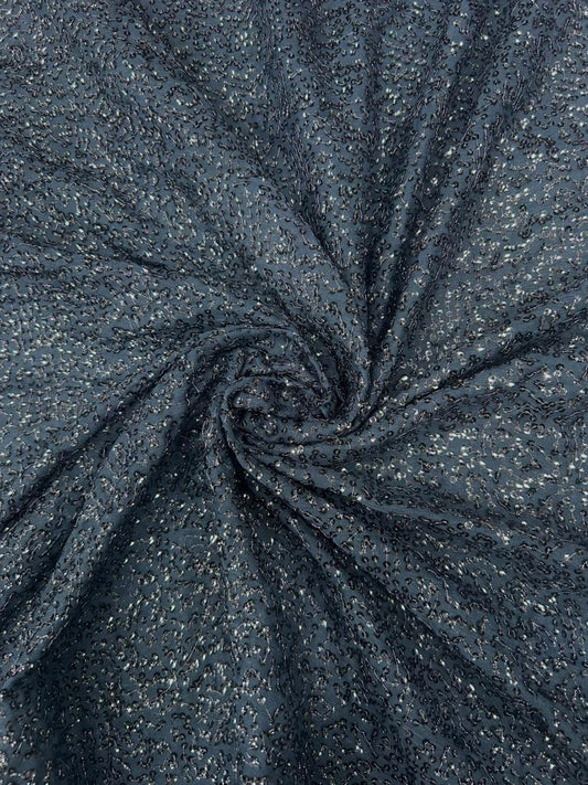 Premium Navy Blue Kichdi Net Fabric with Heavy Sequin Embroidery for Designer Dresses & Party Wear