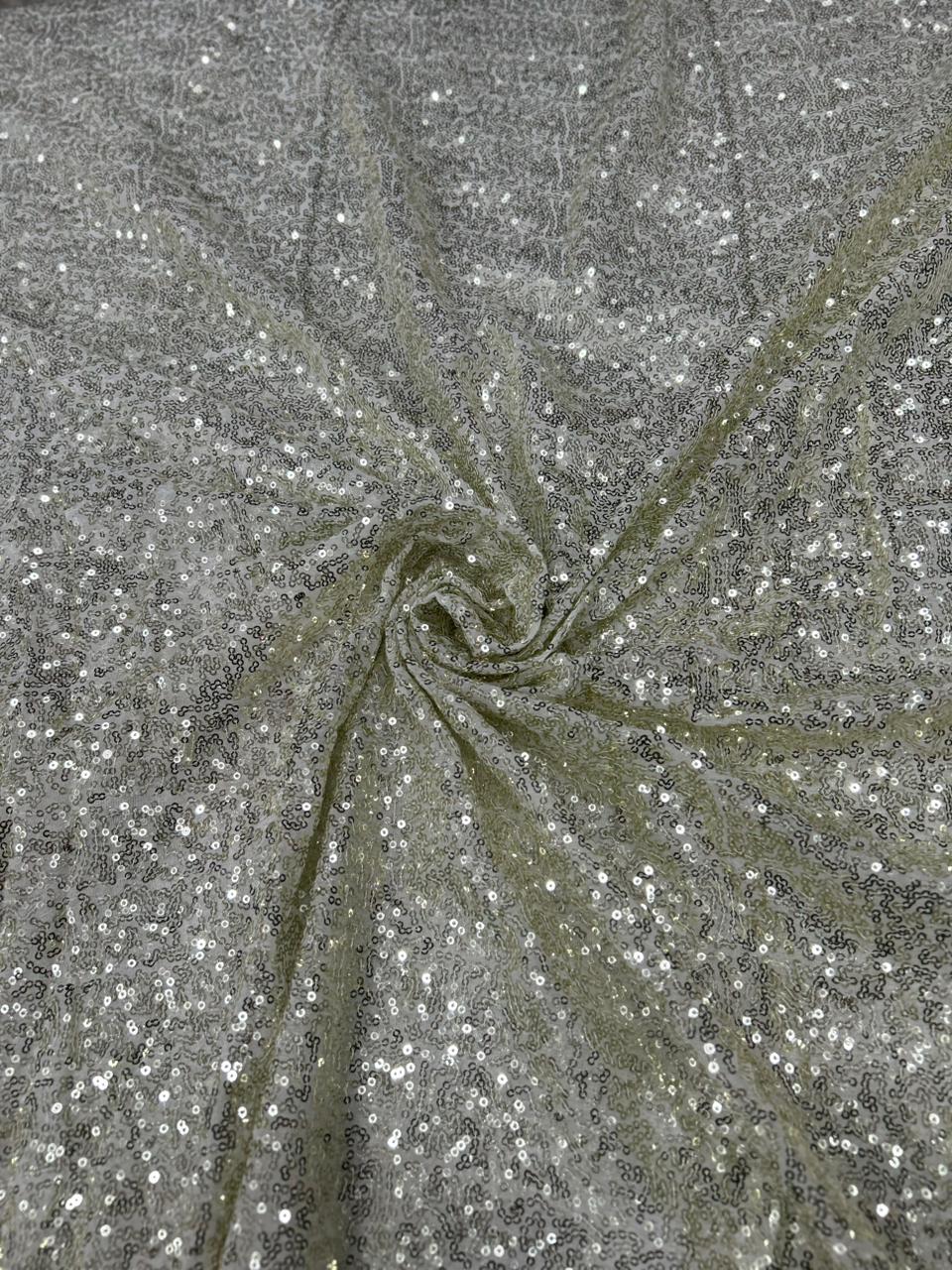 Luxury Shiny Cream Kichdi Net Fabric with Heavy Designer Embroidery for Bridal, Party Wear, Lehengas & Couture Fashion