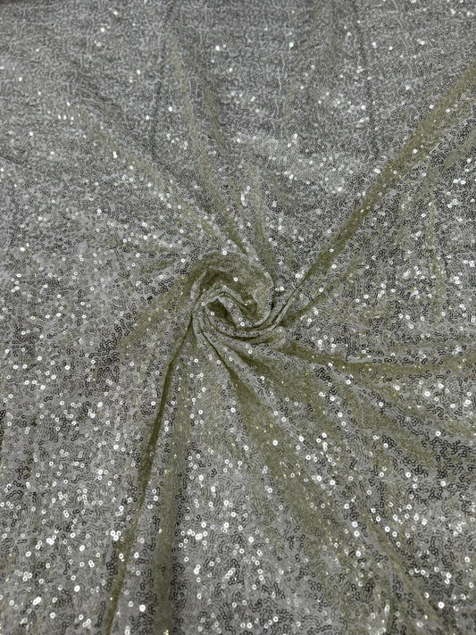 Luxury Shiny Cream Kichdi Net Fabric with Heavy Designer Embroidery for Bridal, Party Wear, Lehengas & Couture Fashion