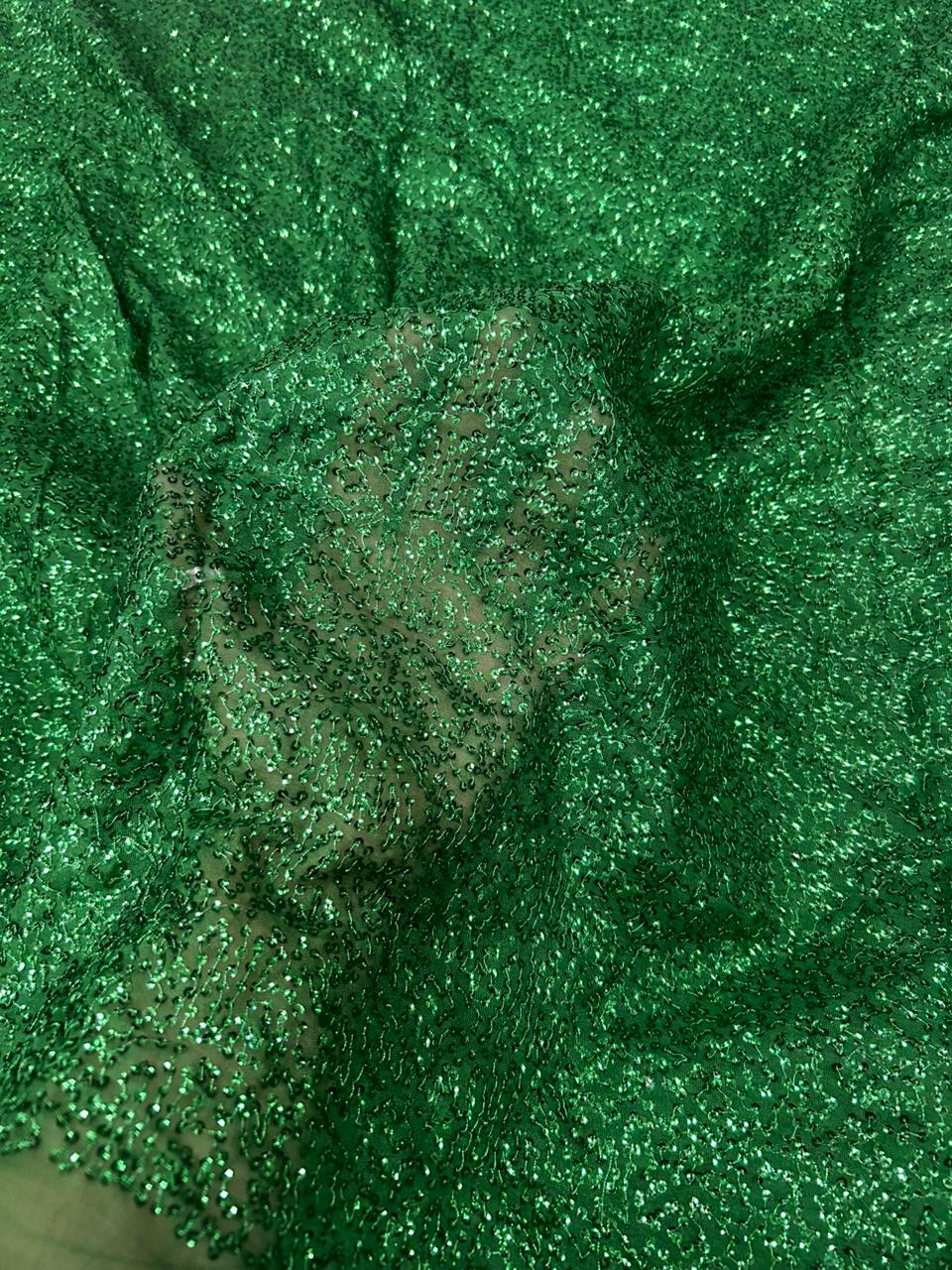 Luxury Emerald Green Kichdi Net Fabric with Heavy Designer Embroidery for Bridal, Party Wear, Lehengas, Gowns & Couture Fashion