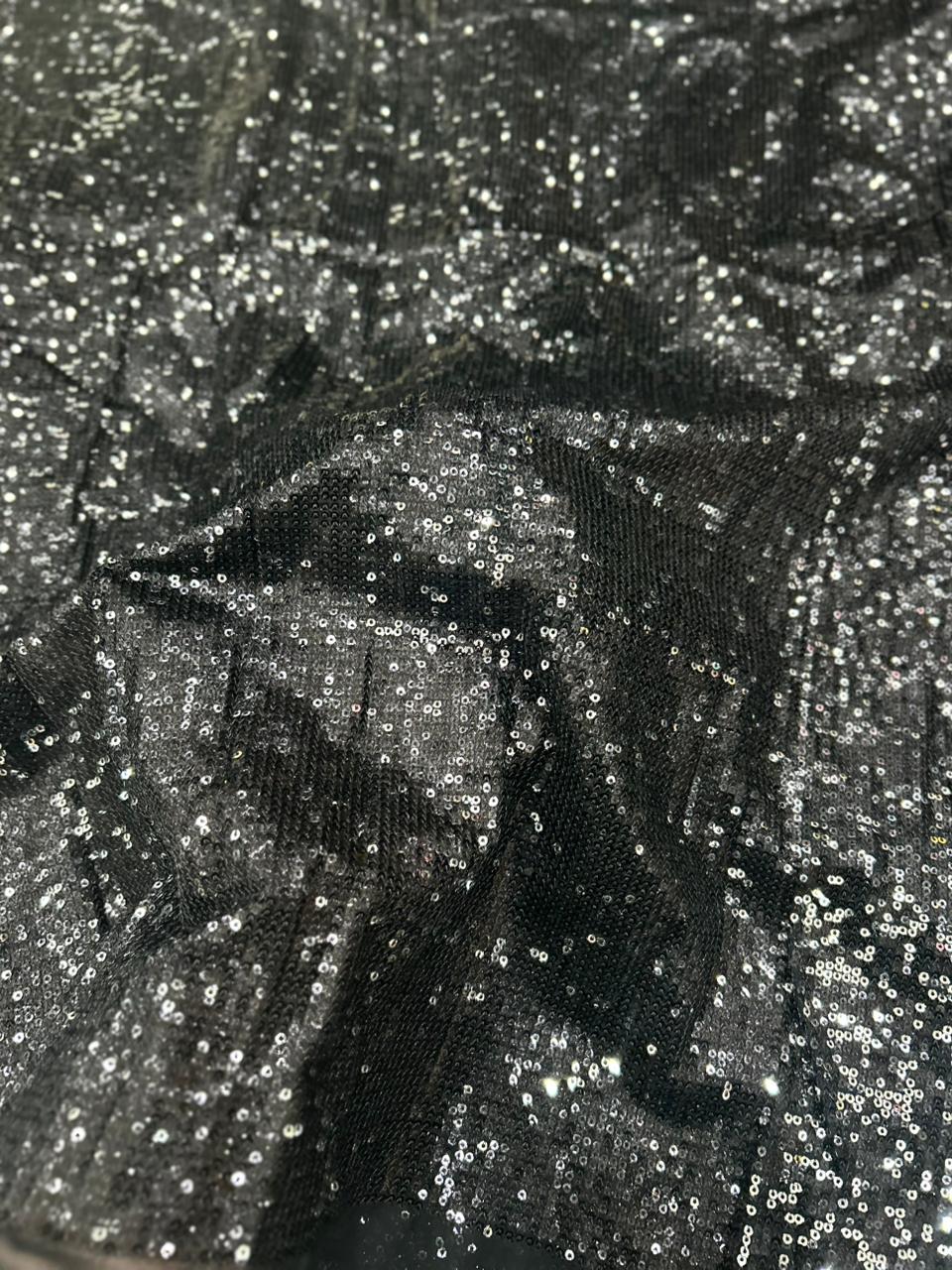 Premium Black Silver Dual Tone Net Fabric with Heavy Sequin Glitter Embroidery for Designer Gowns, Sarees & Party Wear