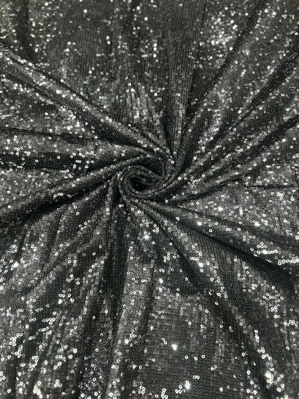Premium Black Silver Dual Tone Net Fabric with Heavy Sequin Glitter Embroidery for Designer Gowns, Sarees & Party Wear