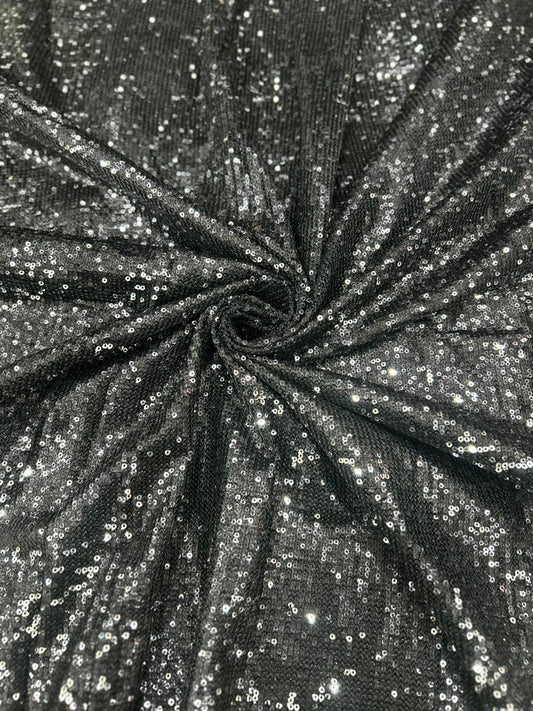 Premium Black Silver Dual Tone Net Fabric with Heavy Sequin Glitter Embroidery for Designer Gowns, Sarees & Party Wear