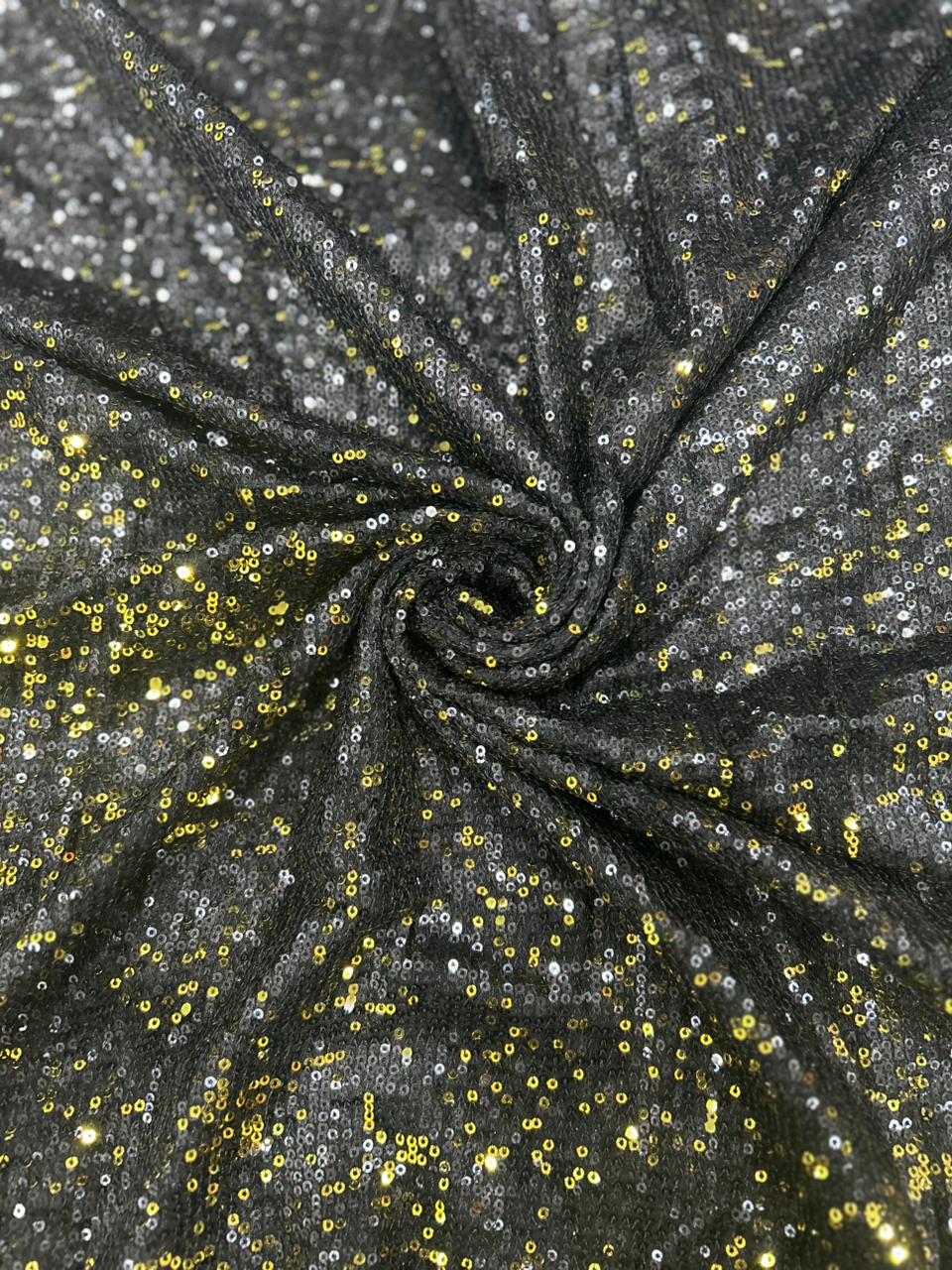 Premium Black Gold Dual Tone Net Fabric with Heavy Sequin Embroidery for Designer Gowns, Sarees & Party Wear