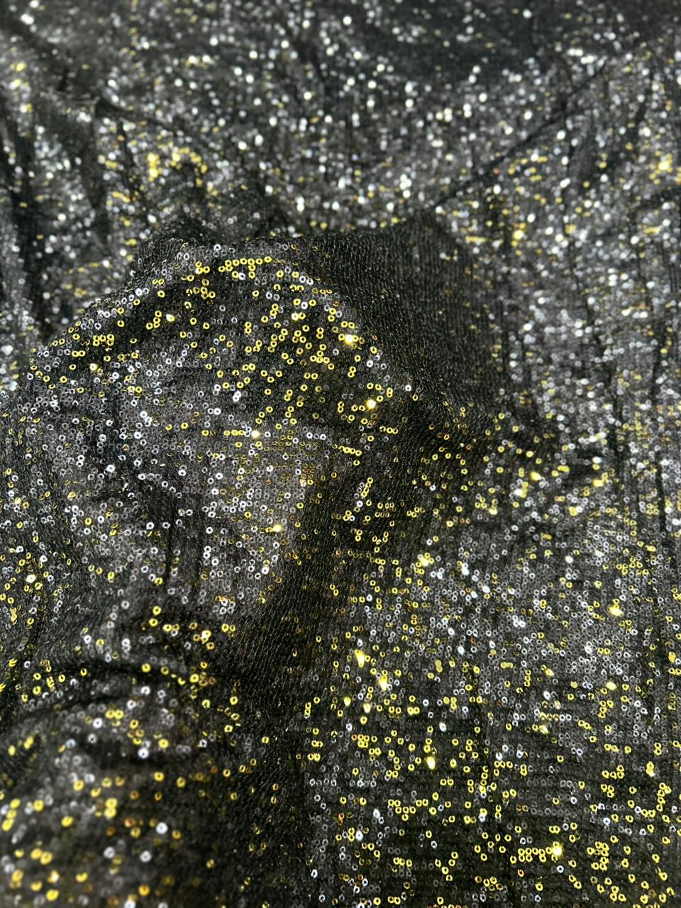 Premium Black Gold Dual Tone Net Fabric with Heavy Sequin Embroidery for Designer Gowns, Sarees & Party Wear