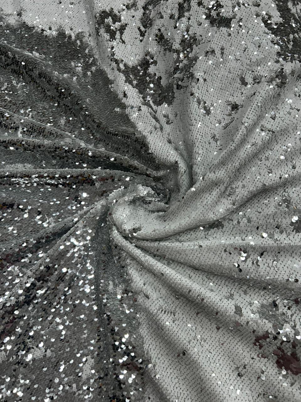 Luxury White Tone Reversible Sequin Net Fabric with Heavy Glitter Work for Bridal, Party Wear, Gowns & Couture Fashion